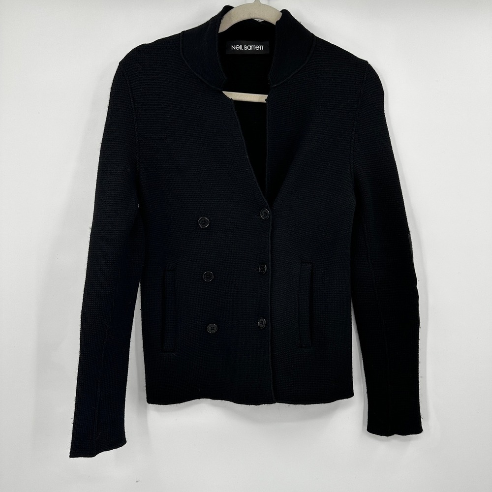 Neil‎ Barrett Black Double Breasted Knit Jacket Blazer Leather Elbow Patches XXS